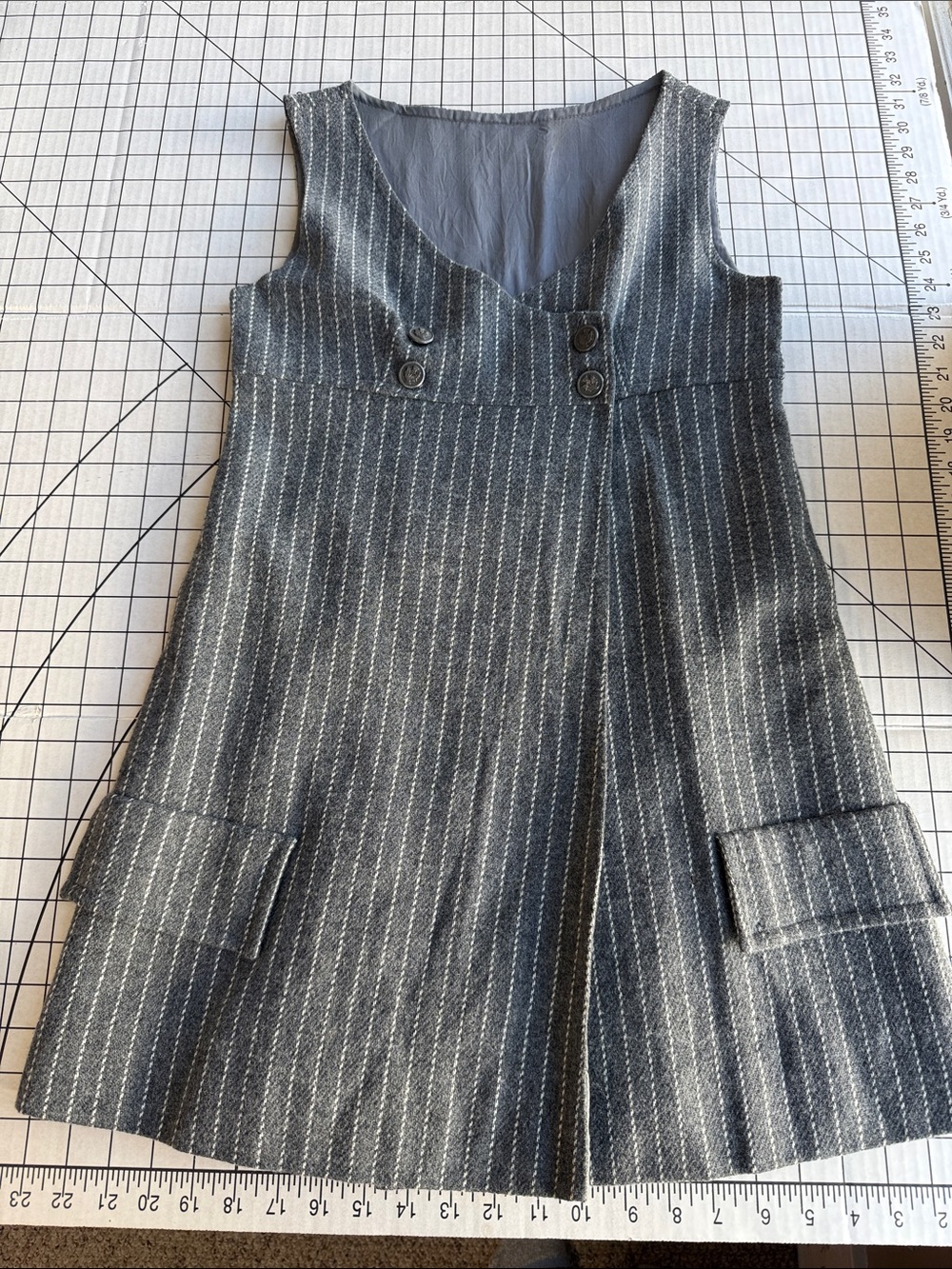 Gray Wool Pinstripe Jumper Tunic Pinafore Thistle Buttons Lined A-Line XS S
